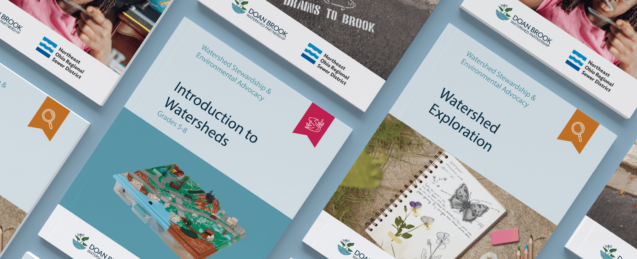 An array of Watershed Science workbooks showcased in a diagonal grid.