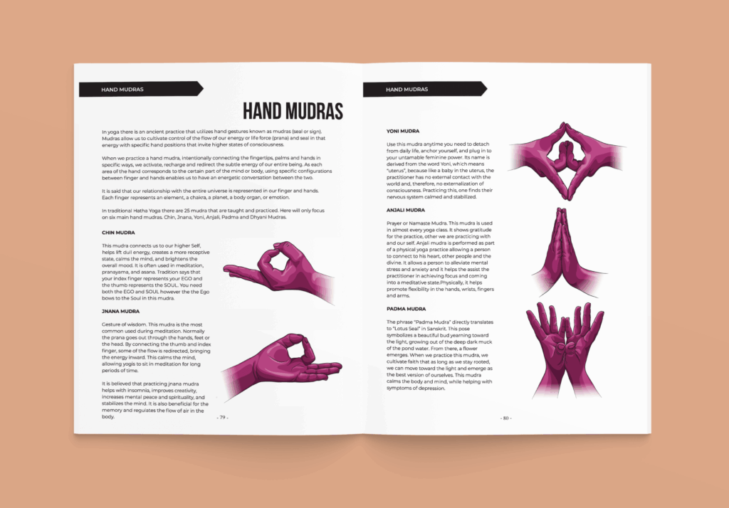 One spread from the booklet showcasing illustrations of different hand mudras.