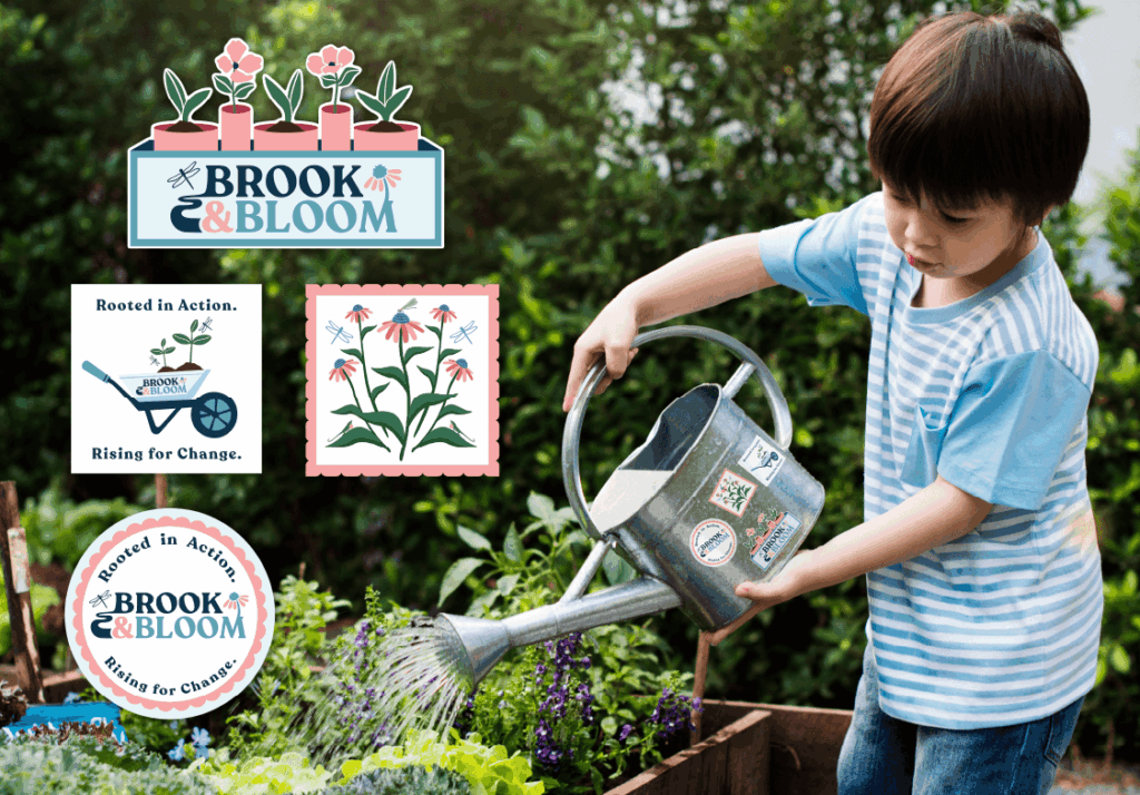 Young boy uses a metal watering can to water a garden. The watering can has four stickers on it. The first sticker is an illustration of a box with plants in it ready for planting. The second sticker shows a wheelbarrow with a plant in it with the text: "Rooted in Action" "Rising for Change." The third sticker is a purple coneflower illustration. Finally, the last sticker is a round sticker with the Brook & Bloom logo and tagline.