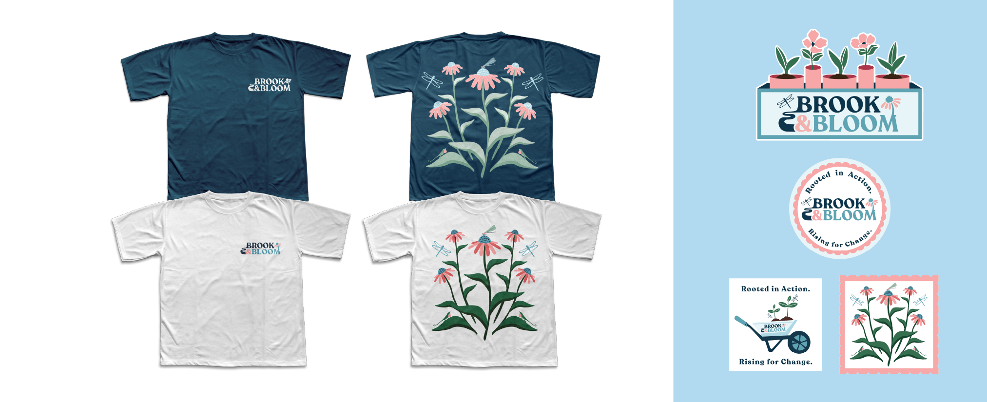 The image shows two Brook & Bloom shirt designs along with four sticker designs.