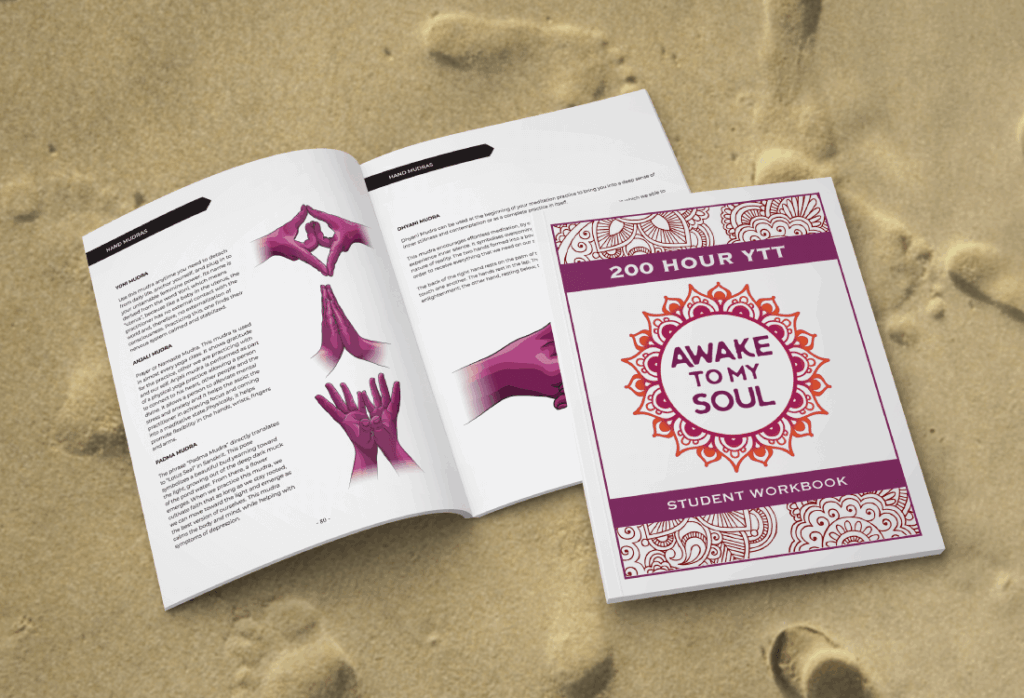 The front cover along with an inner spread from the booklet on a sandy beach background.